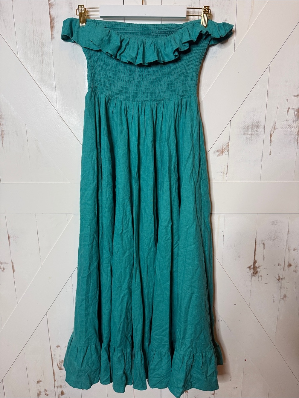 Free People Lush Life Linen Blend Strapless Ruffle Smocked Maxi Dress - Teal - Picture 10 of 11